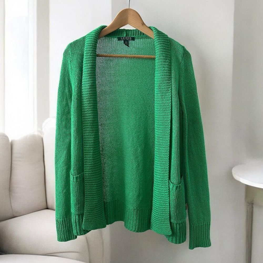 Ralph Lauren RL Open Front Knit Cardigan Sweater Kelly Green Size XS